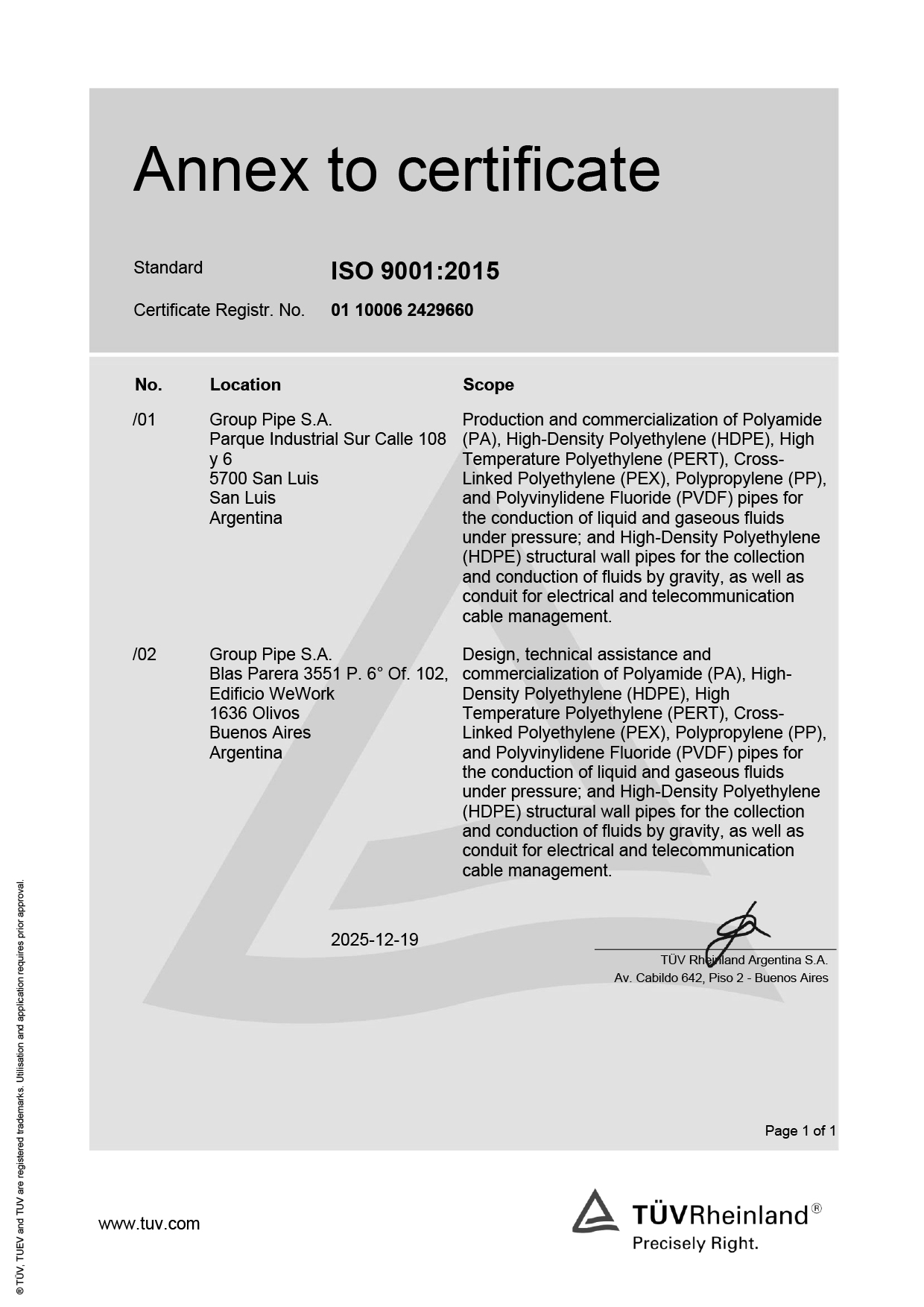 Certificado Anexo adicional - Ingles